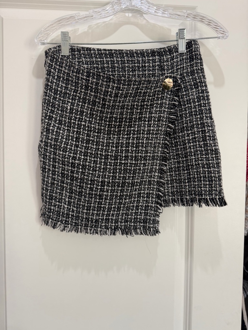 Tweed Fringe Wrap Mini Skirt - Black & White
